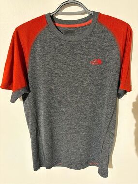 The North Face Men's Gray Heather Tee with Red Raglan Sleeves